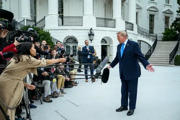 President Donald J. Trump speaks with members of the media on the South Lawn before boarding Marine One en route to Joint Base Andrews, Saturday, October 3, 2026. (Official White House Photo by Joyce N. Boghosian)